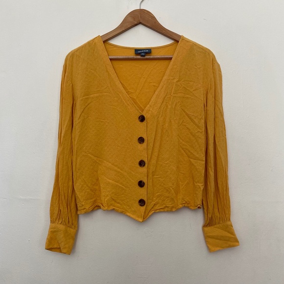 **$5 SALE** Modcloth Yellow Long Sleeve Button Down V-Neck Blouse - Picture 1 of 3